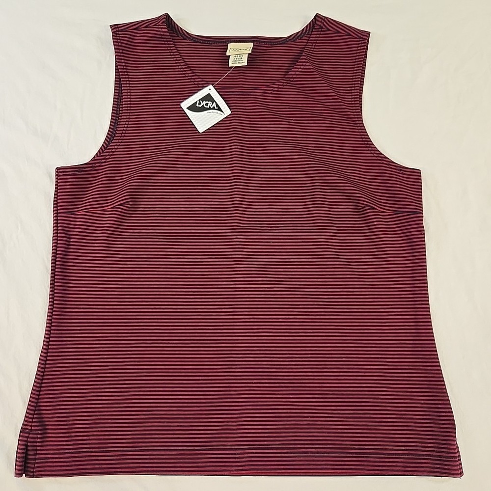 LL Bean Sleeveless Shirt Womens Medium Petite Tank Top Burgundy Black Striped